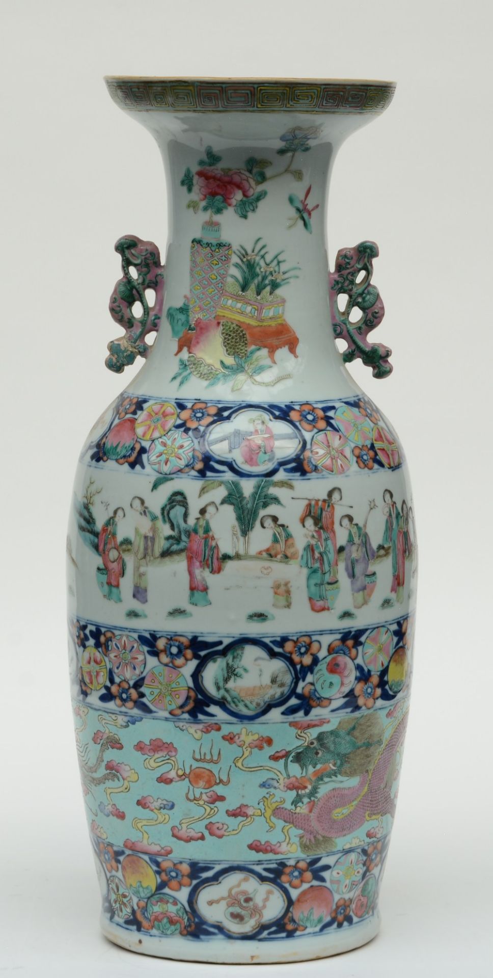 A Chinese polychrome vase, decorated with several animated scenes, dragons and other symbols, 19thC, - Bild 3 aus 6