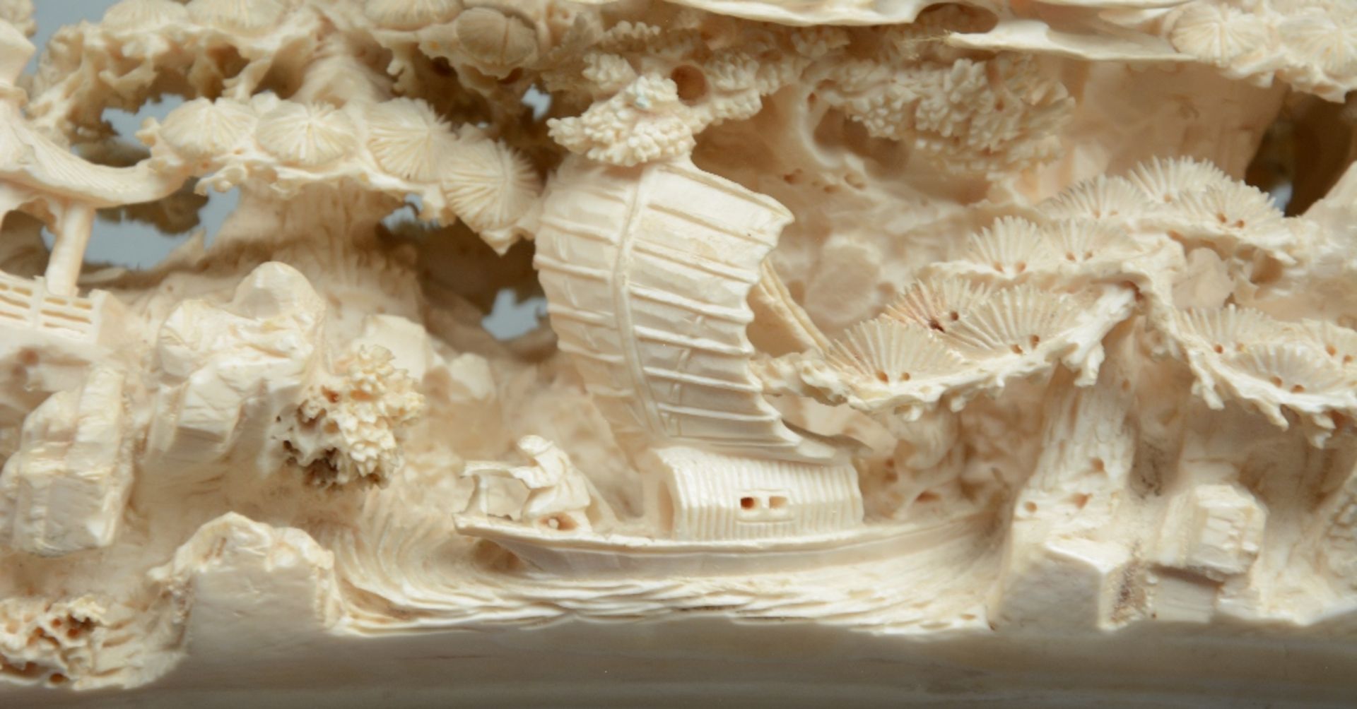 An exceptional Chinese richly carved ivory tusk, depicting various temples and pagodes in a - Image 6 of 7