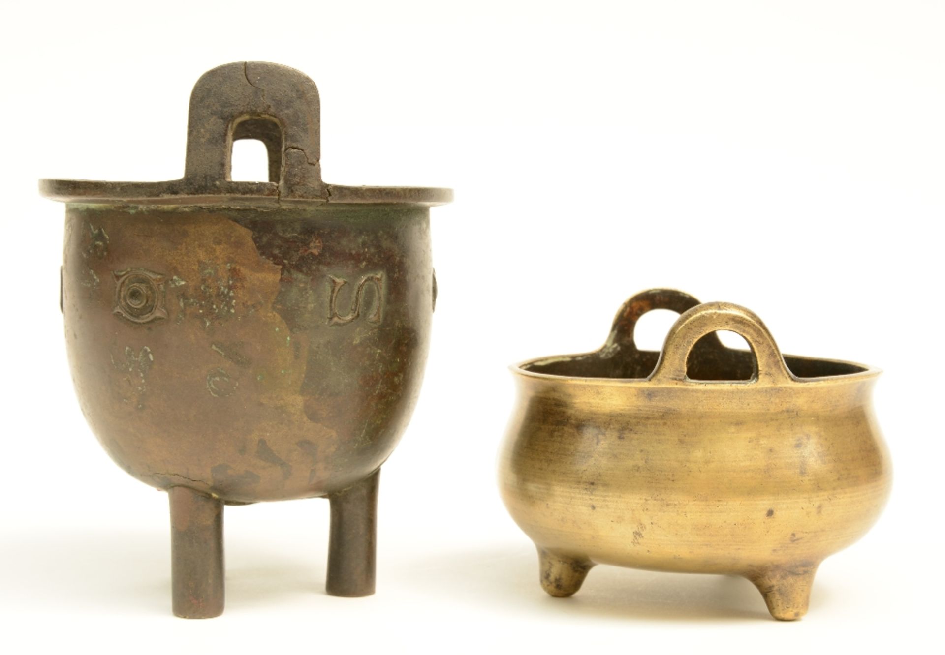 Three Chinese bronze incense burners, one with matching base, two marked, 18thC/19thC, H 3,5 - 13 cm - Image 5 of 13