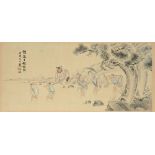 A Chinese watercolor on paper, depicting an animated scene, marked and signed, 51,5 x 113,5 cm (