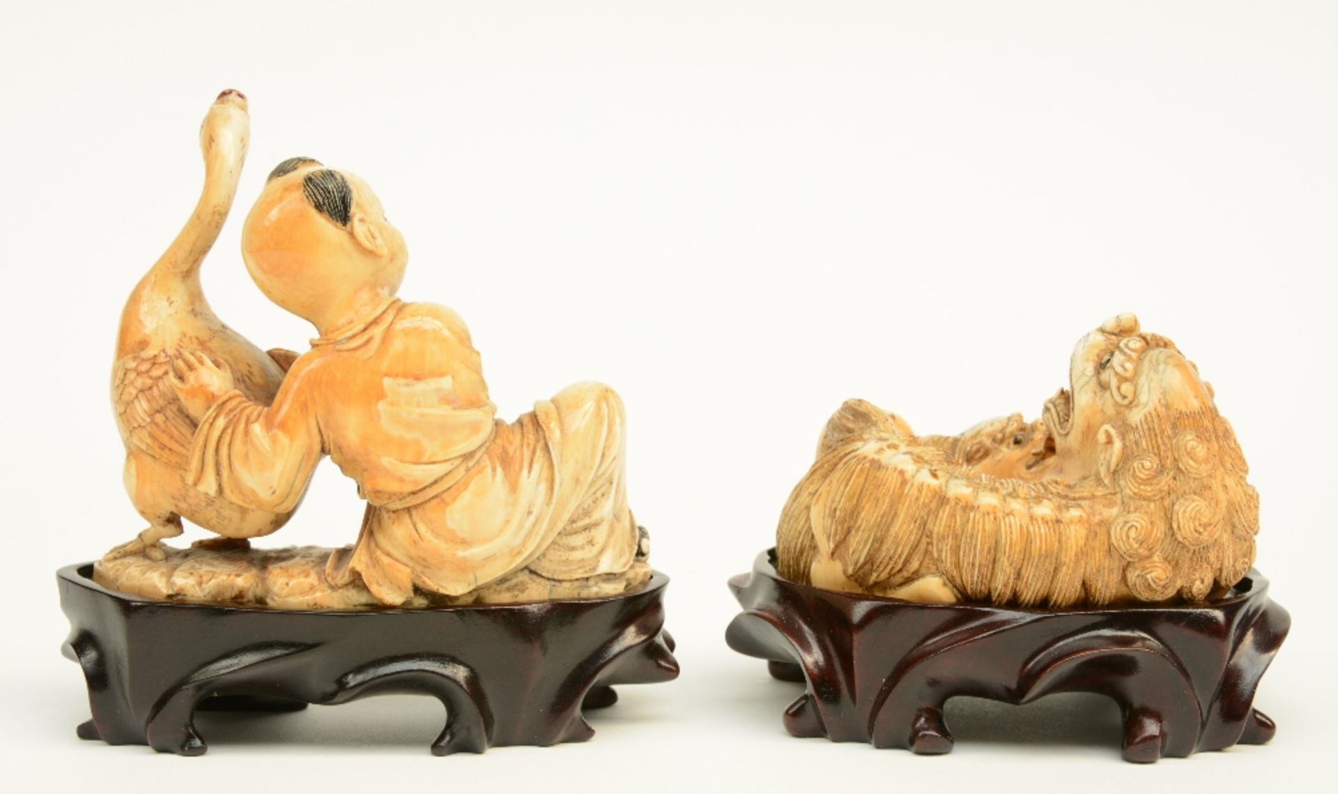 Two Chinese mammut ivory sculptures, polychrome and gilt decorated, one depicting a child and goose, - Image 3 of 5