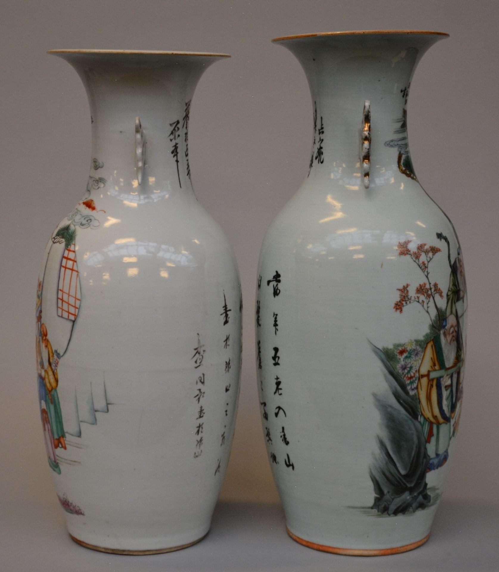 Two Chinese polychrome decorated vases depicting sages, H 55,5 - 58,5 cm (one vase with crack on the - Image 4 of 7