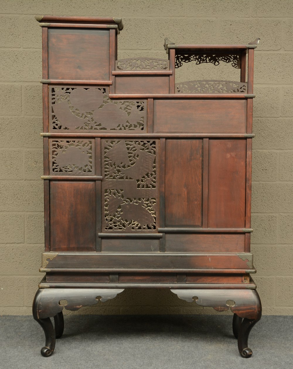 A Japanese wooden display cabinet, carved with birds, flowerbranches and a landscape, ca. 1900, H - Image 4 of 8