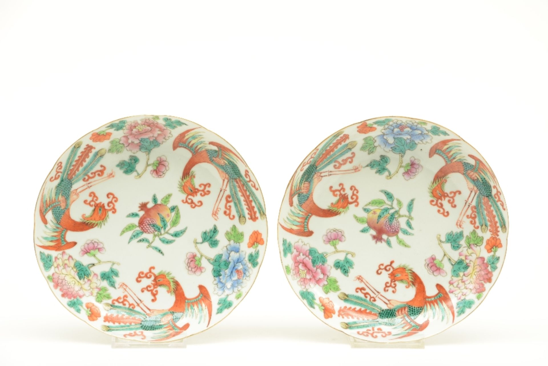 A Chinese bowl, plate and two dishes, famille rose and polychrome decorated, some marked, 19th- - Image 8 of 9