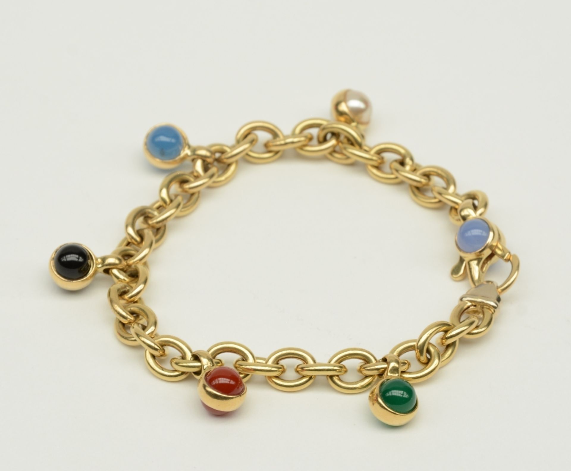 An 18ct gold bracelet, set with various semi-precious stones, L 18,5 cm, Total weight: ca. 18,7 g - Bild 2 aus 6