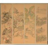 A Chinese watercolour quadriptych depicting an imperial cortege and an animated scene, both in a