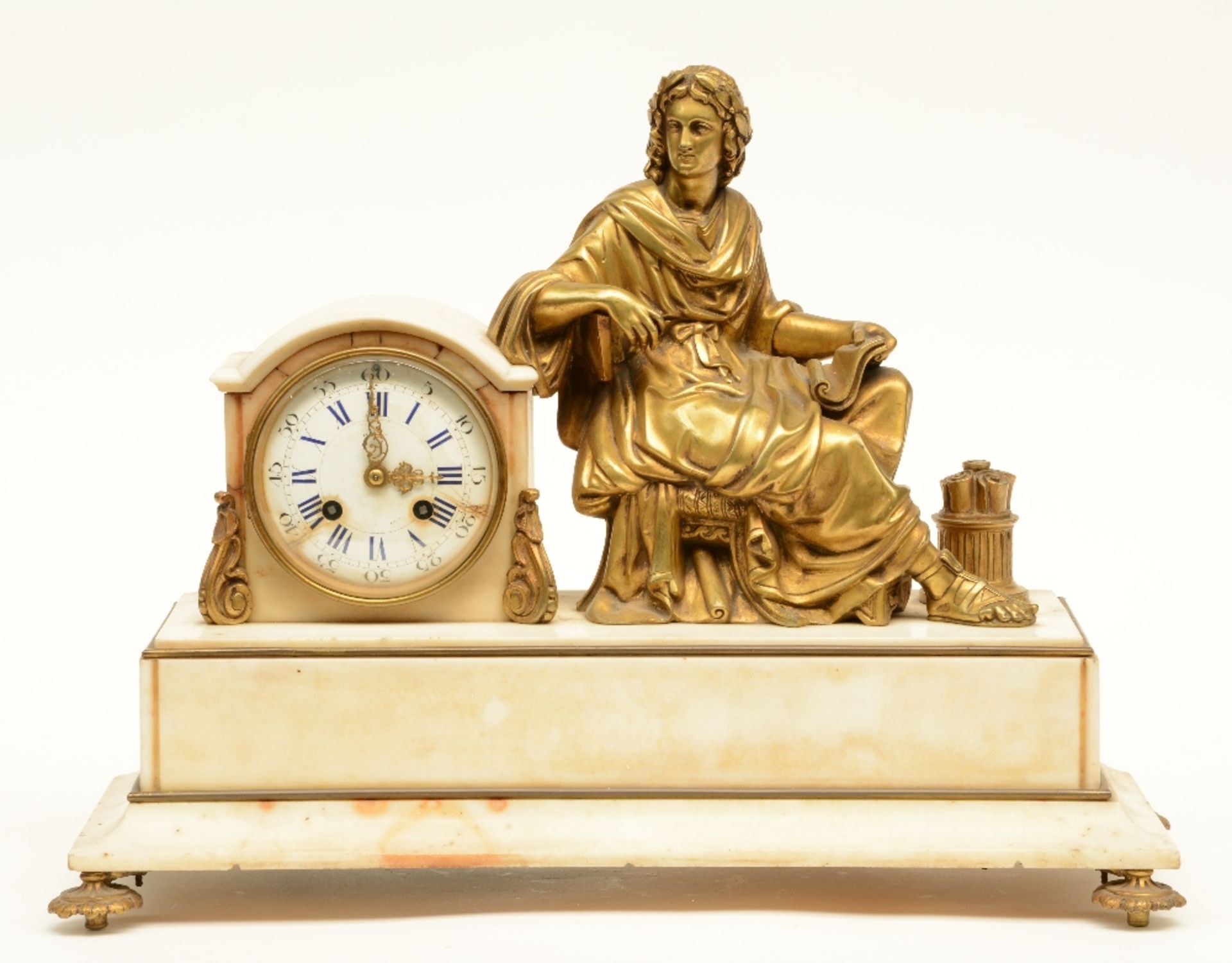 A late 19thC white Carrara marble mantel clock with gilt bronze mounts, on top an allegory on