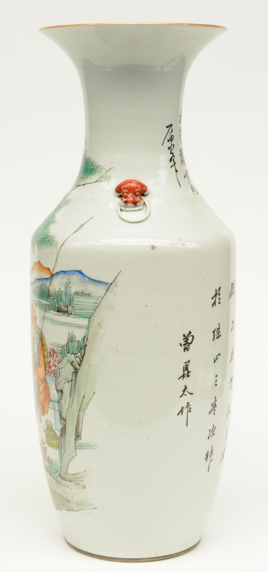 A Chinese polychrome vase decorated with figures in a landscape, H 58,5 cm - Image 2 of 6