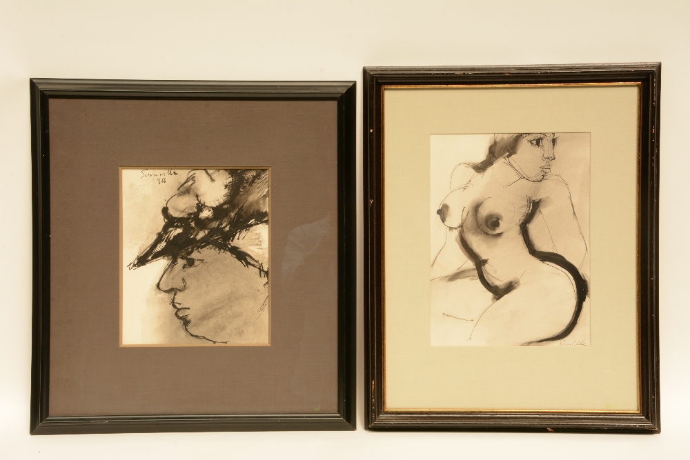 Somville R., a female nude an a womans portrait, Indian ink and grey wash drawing, one dated 1966,