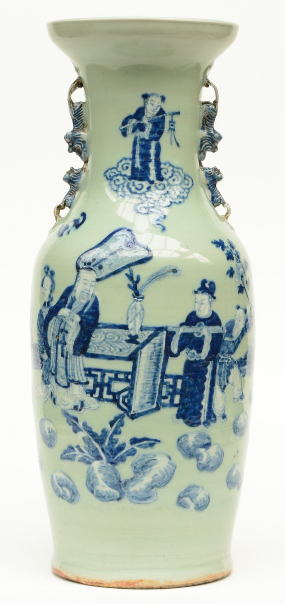 A Chinese celadon ground vase, blue and white decorated with an animated scene, 19thC, H 60 cm (