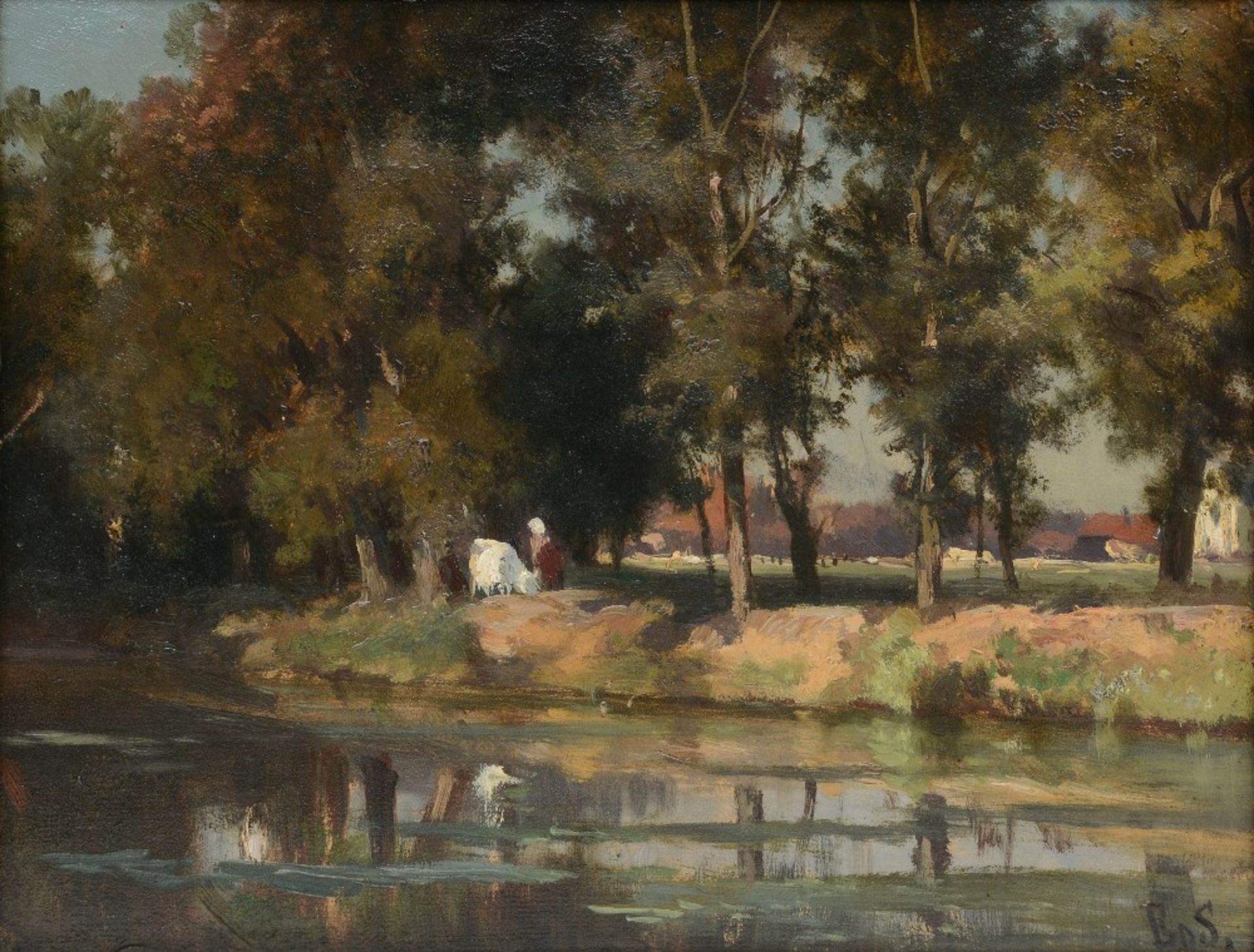 Monogrammed E.D.S. (De Schampheleer E.), rural view with a cowherd, oil on canvas on panel, signed - Image 2 of 12