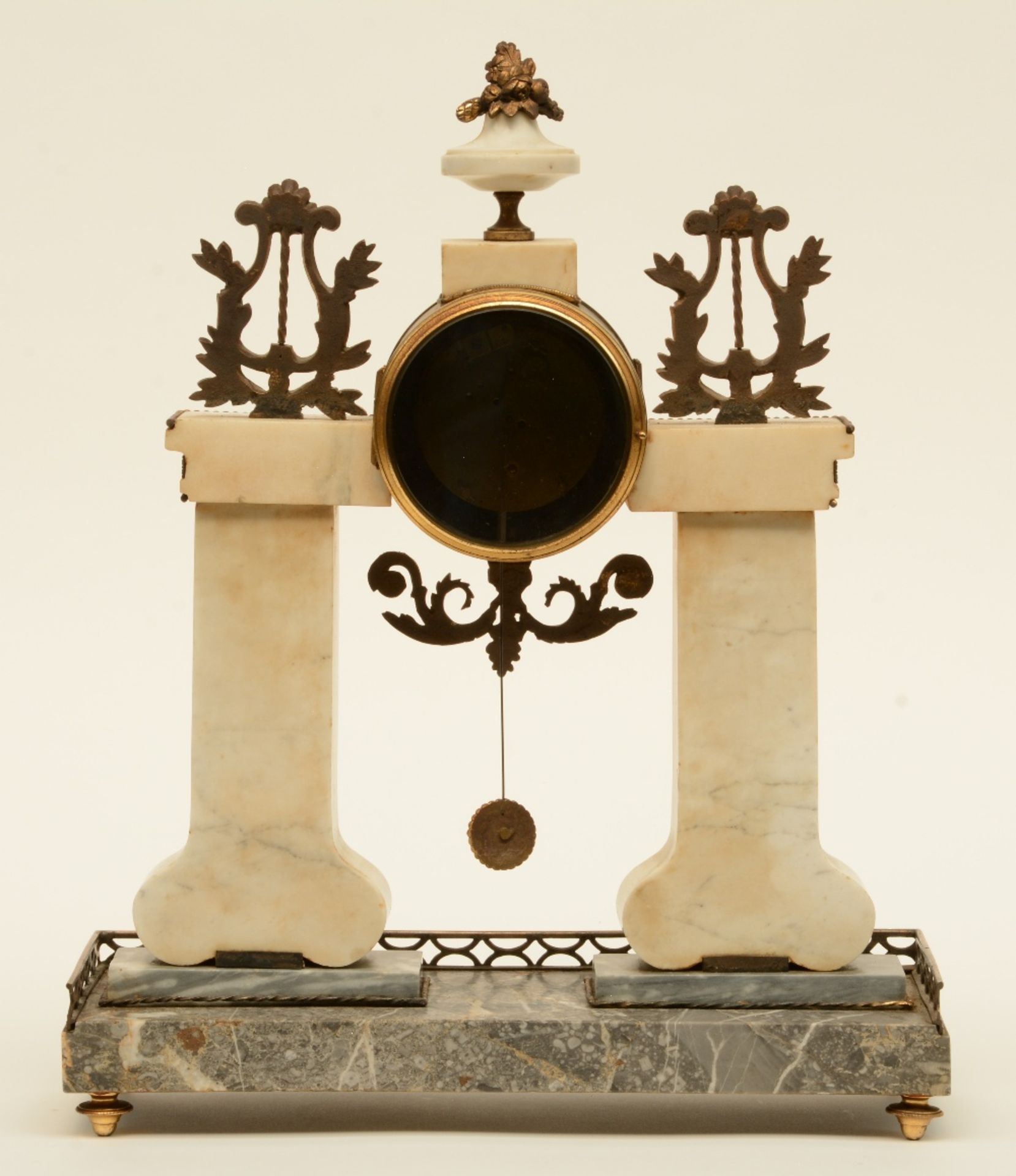 A French late 19thC mantle clock, Carrara and gris des ardennes marble with bronze mounts, mechanism - Image 2 of 3