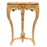 A triangular LXV style gilt wooden occasional table with a 'brèche d'Alep' marble top, H 79,5 -