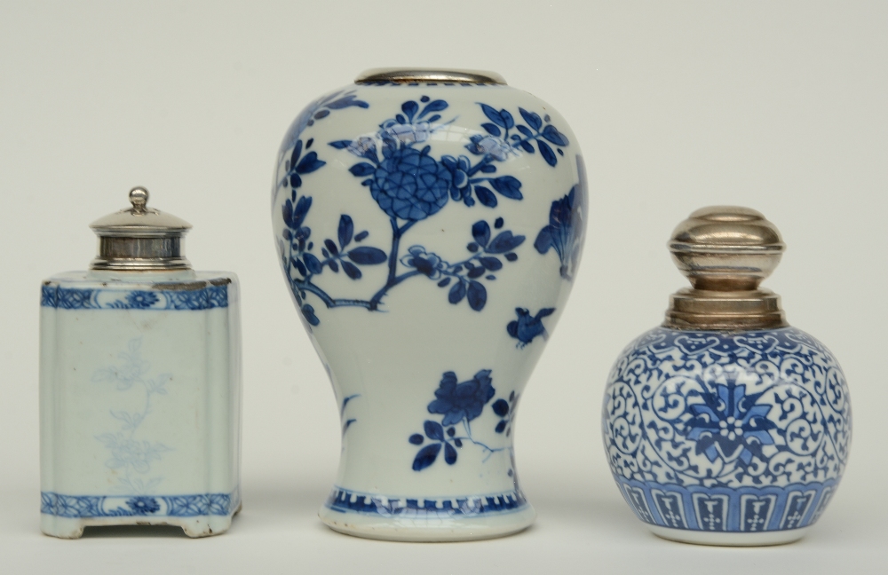 Two Chinese blue and white vases and a tea caddy, floral decorated, with silver mounts, 18th - - Image 8 of 16