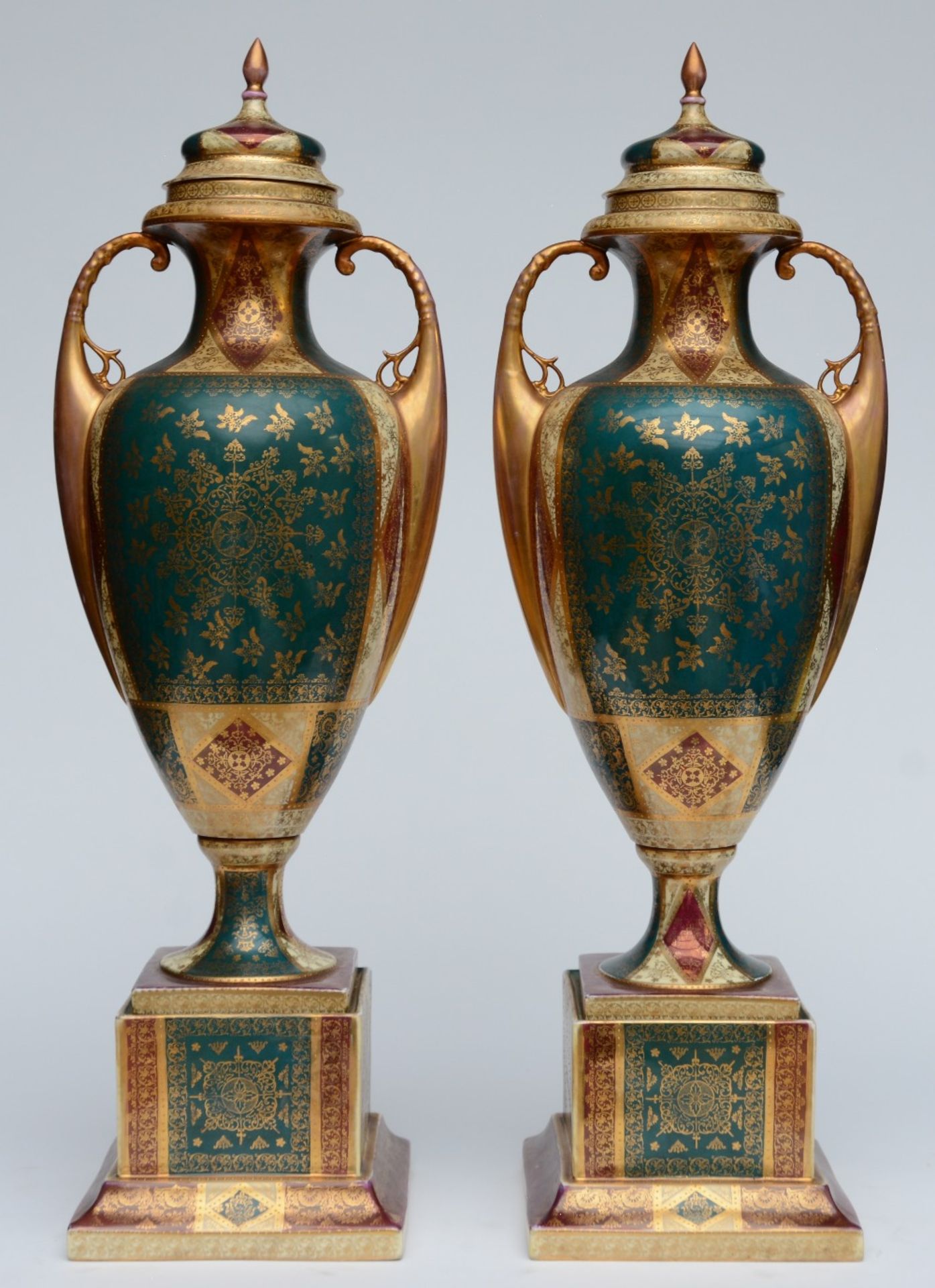 A pair of polychrome and gilt Vienna vases and covers on matching bases, late 19thC, H 78,5 cm - Bild 3 aus 7