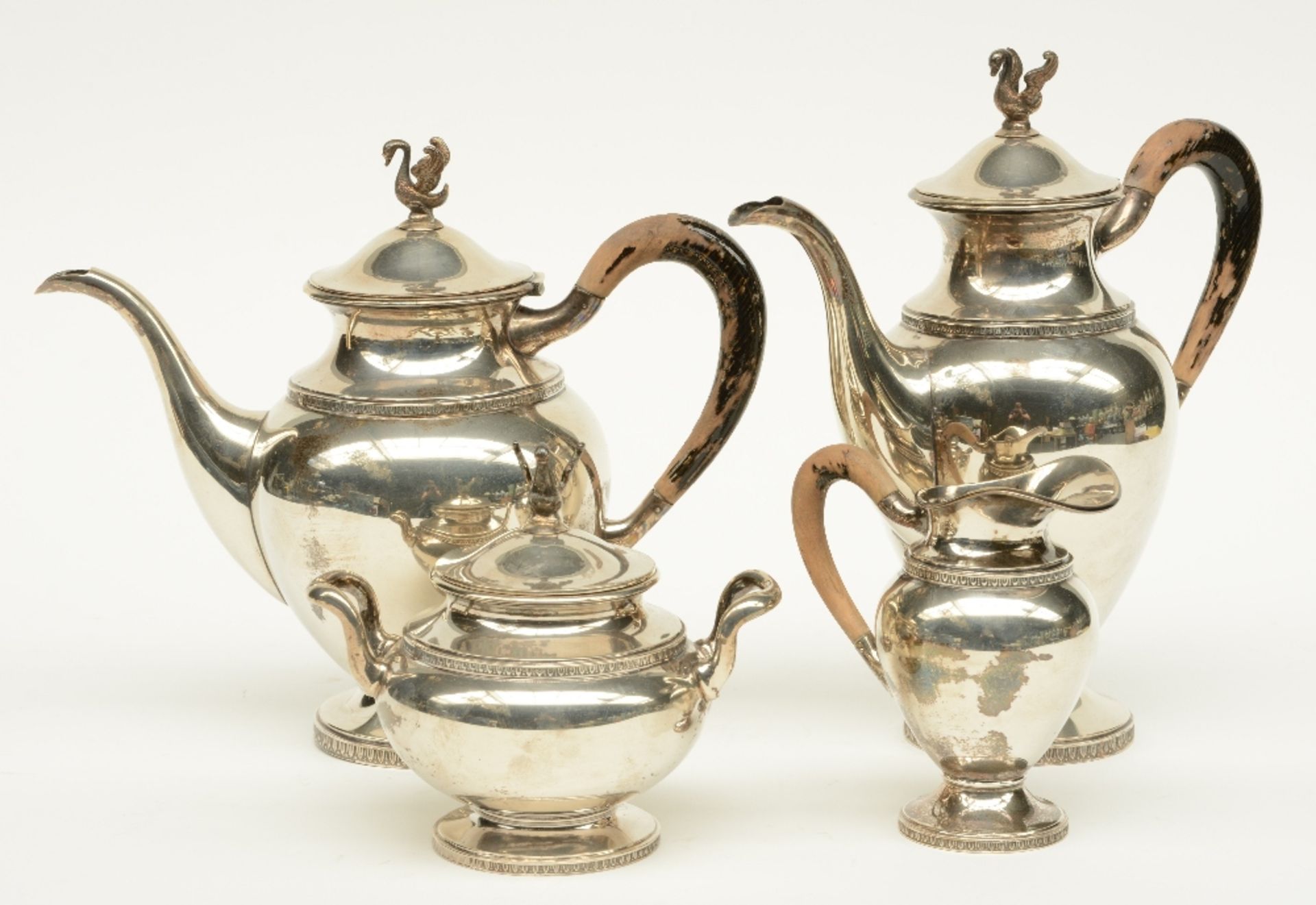 A silver coffee and tea set, 800/000, Belgium 1868 - 1942, makers' mark Debruyère, total weight 2.
