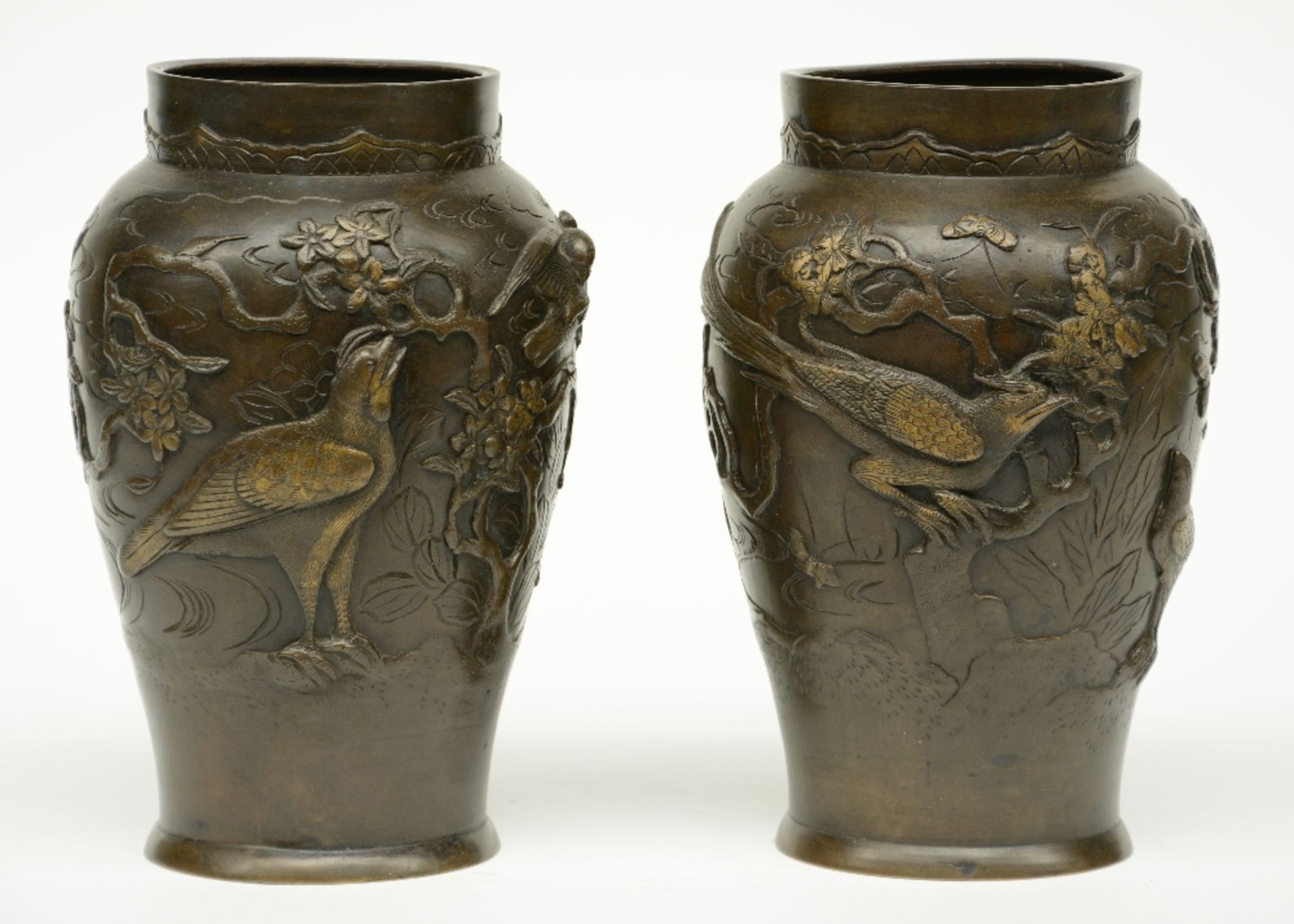 Two pair of Chinese bronze vases, relief moulded with birds on flower branches, marked, H 26 - 36 - Image 8 of 15