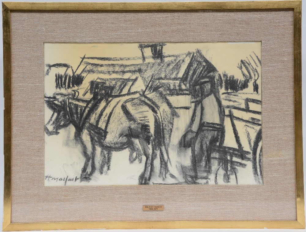 Malfait H., two charcoal drawings: one of an oxcart and one of a farmer, 25,5 x 40,5 - 34,5 x 52,5 - Image 3 of 11