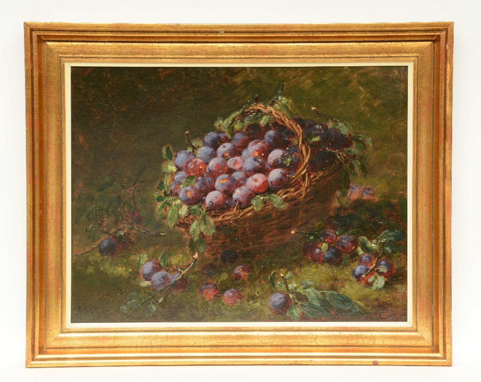 Kreyder A. J. still life, prunes in a basket, oil on canvas, 65,5 x 81,5 cm - Image 2 of 4