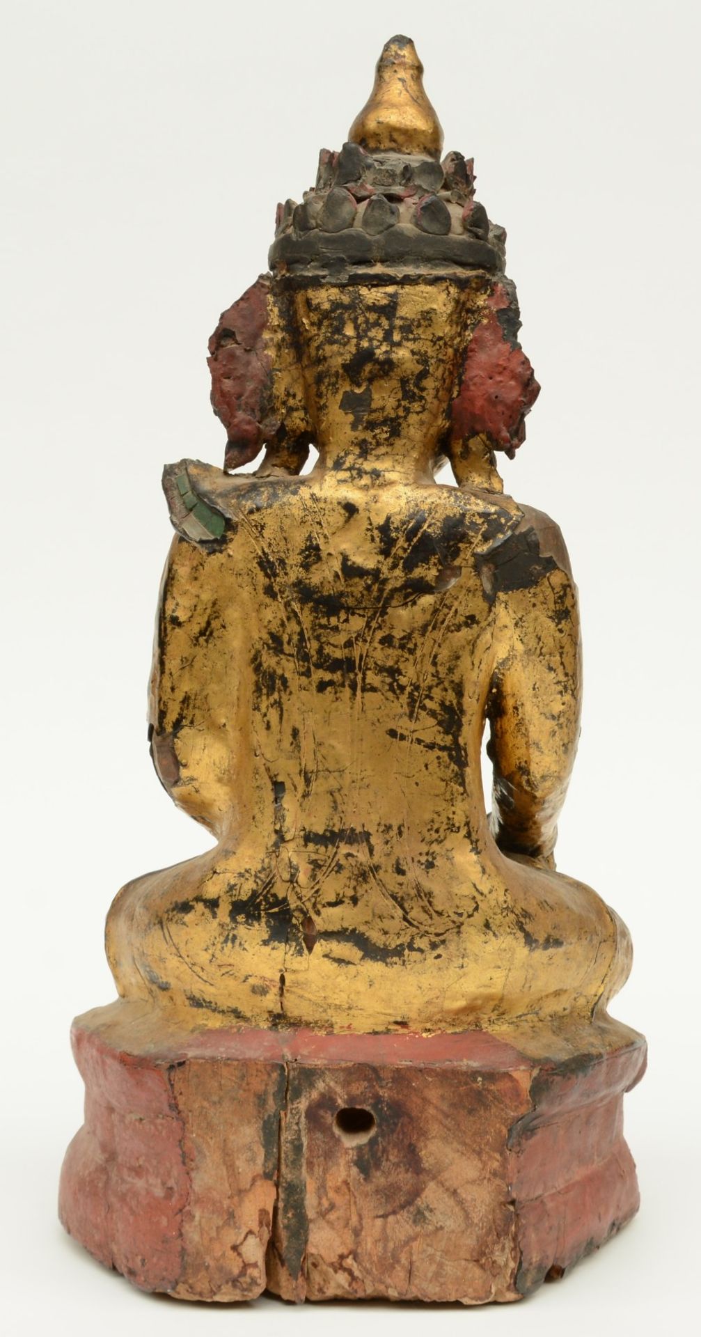 An Oriental polychrome and gilt lacquered wooden seated Buddha, decorated with glass plaques, H 52 - Bild 3 aus 6