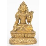 A Tibetan gilt bronz seated Buddha, 18thC, H 15 cm (restauration and minor damage on the bottom