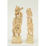 Two Japanese ivory late Meiji period okimono sculptures, one depicting a warrior flanked by a