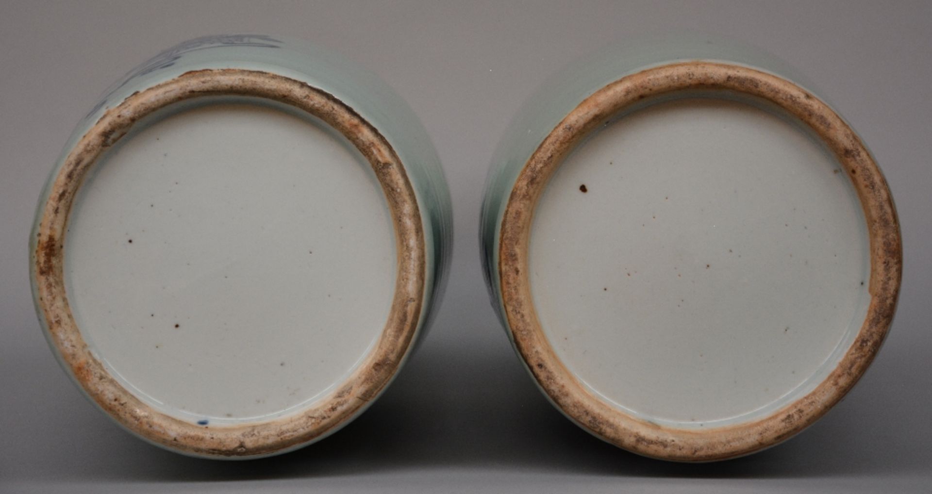 Two Chinese celadon-ground blue and white vases decorated with symbols, H 59,5 - 60 cm (chips on the - Image 6 of 6