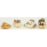 Four exceptional Edo period Japanese ivory katabori-netsuke, two in the form of little chicken,