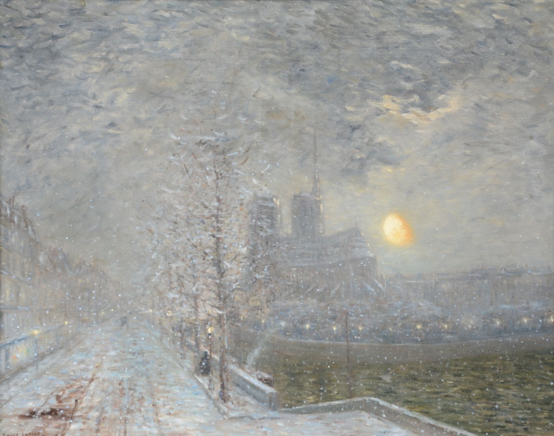 Lafont E.R., the cathedral of Notre Dame in Paris on a winter night, oil on canvas, 65,5 x 81,5 cm