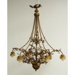 A gilt bronze chandelier, floral decorated, with moulded glass, H 114 - Diameter 95 cm