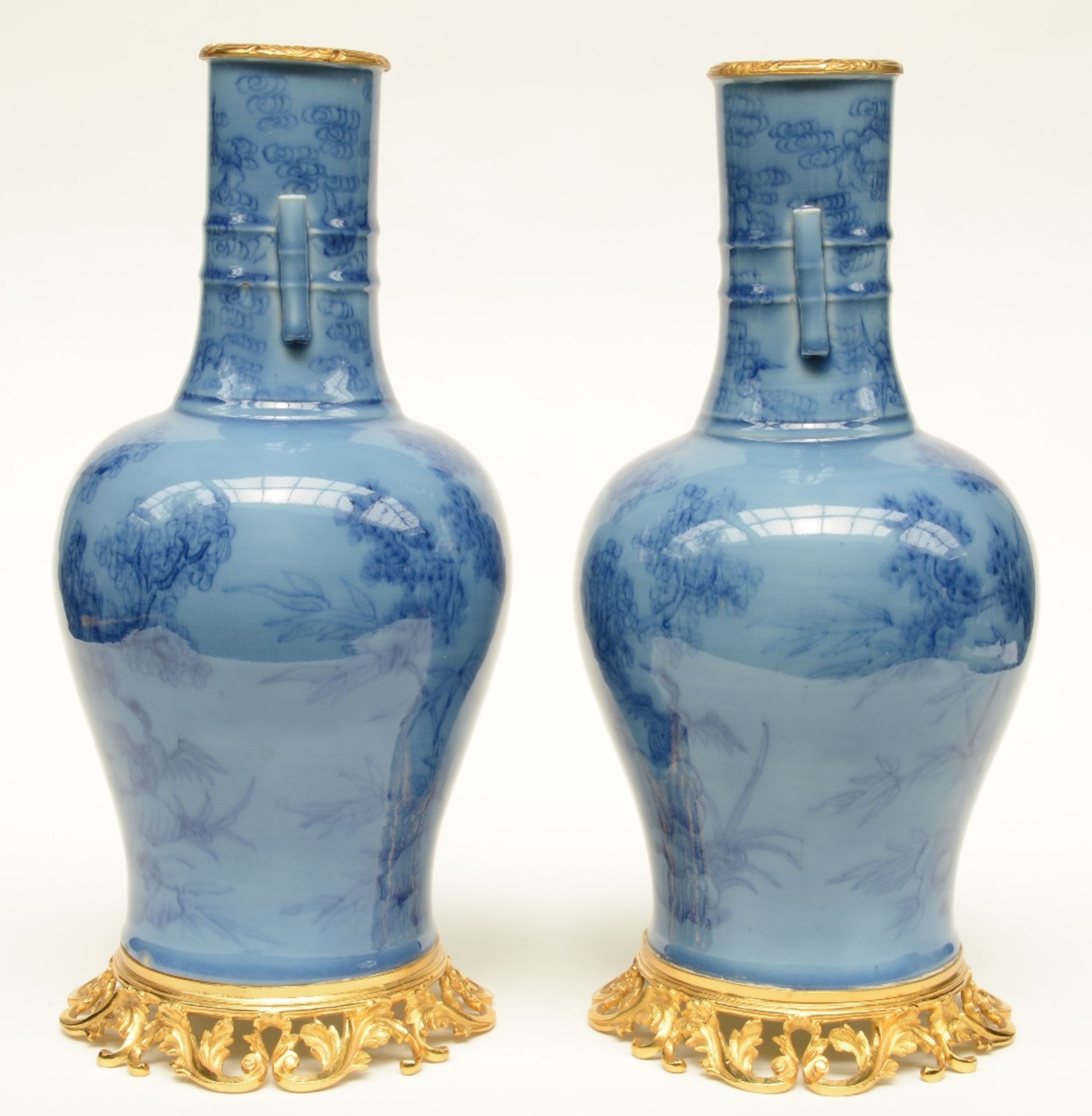 A pair of Chinese baluster shaped vases, blue monochrome ground, decorated with cranes and flower - Image 2 of 6