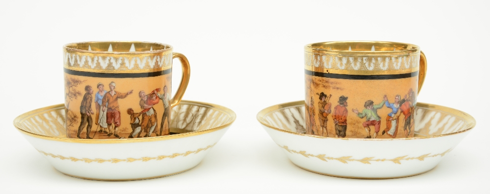 A rare pair of polychrome decorated Biedermeier period cups and saucers, about 1830, with a - Image 2 of 9