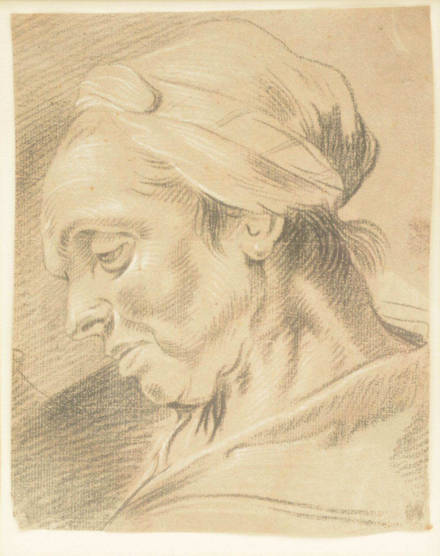 Unsigned, sketch of a woman's head, black and white crayon, 18thC, 20 x 24,5 cm