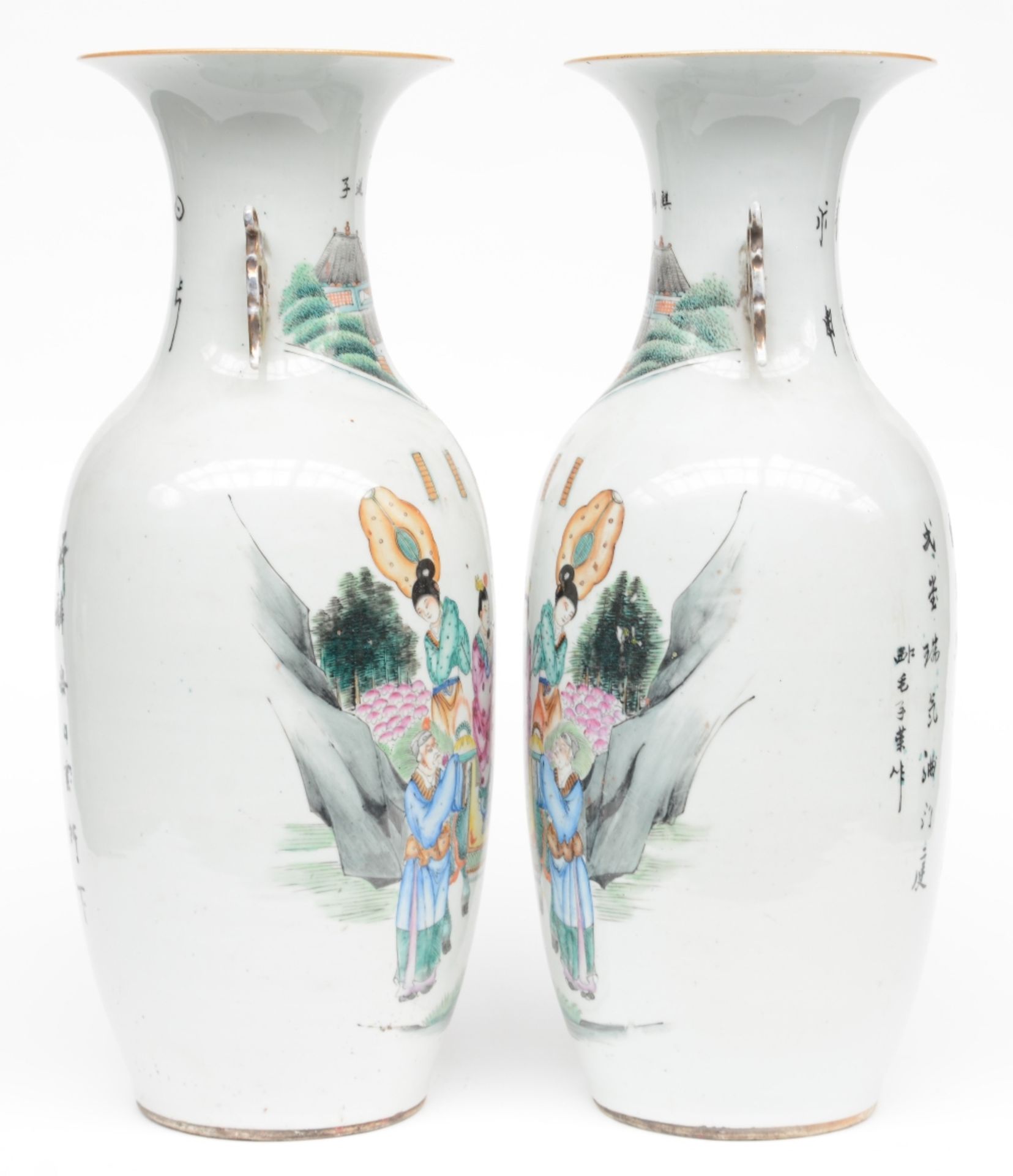 A pair of Chinese polychrome vases, depicting an animated scene, 19th C, H 58 cm, (minor hairline on - Bild 2 aus 7