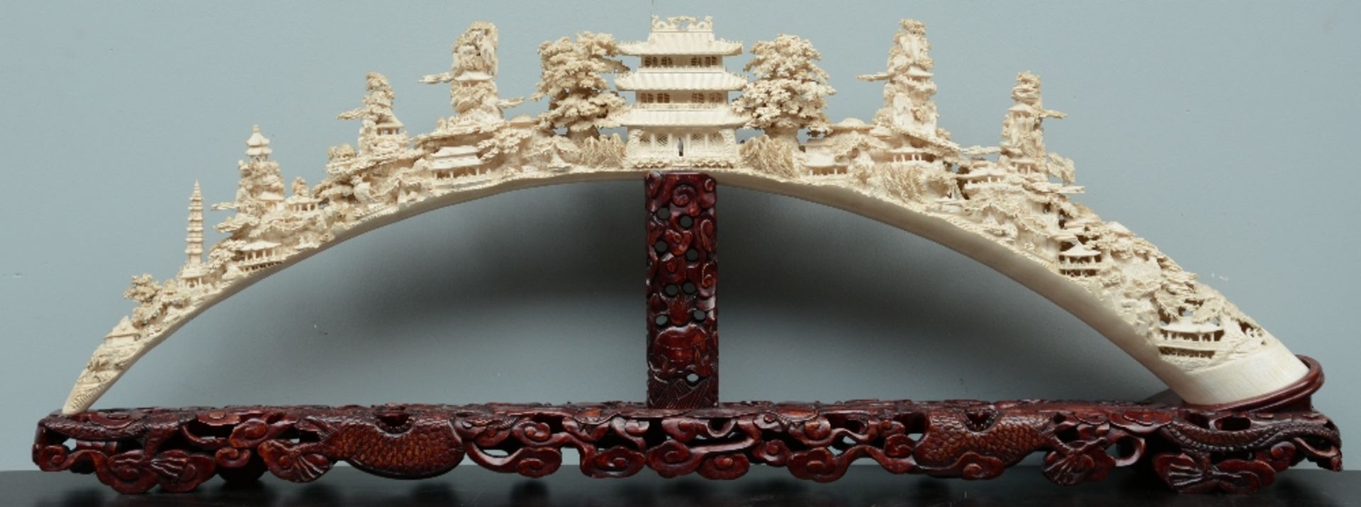 An exceptional Chinese richly carved ivory tusk, depicting various temples and pagodes in a - Image 2 of 7