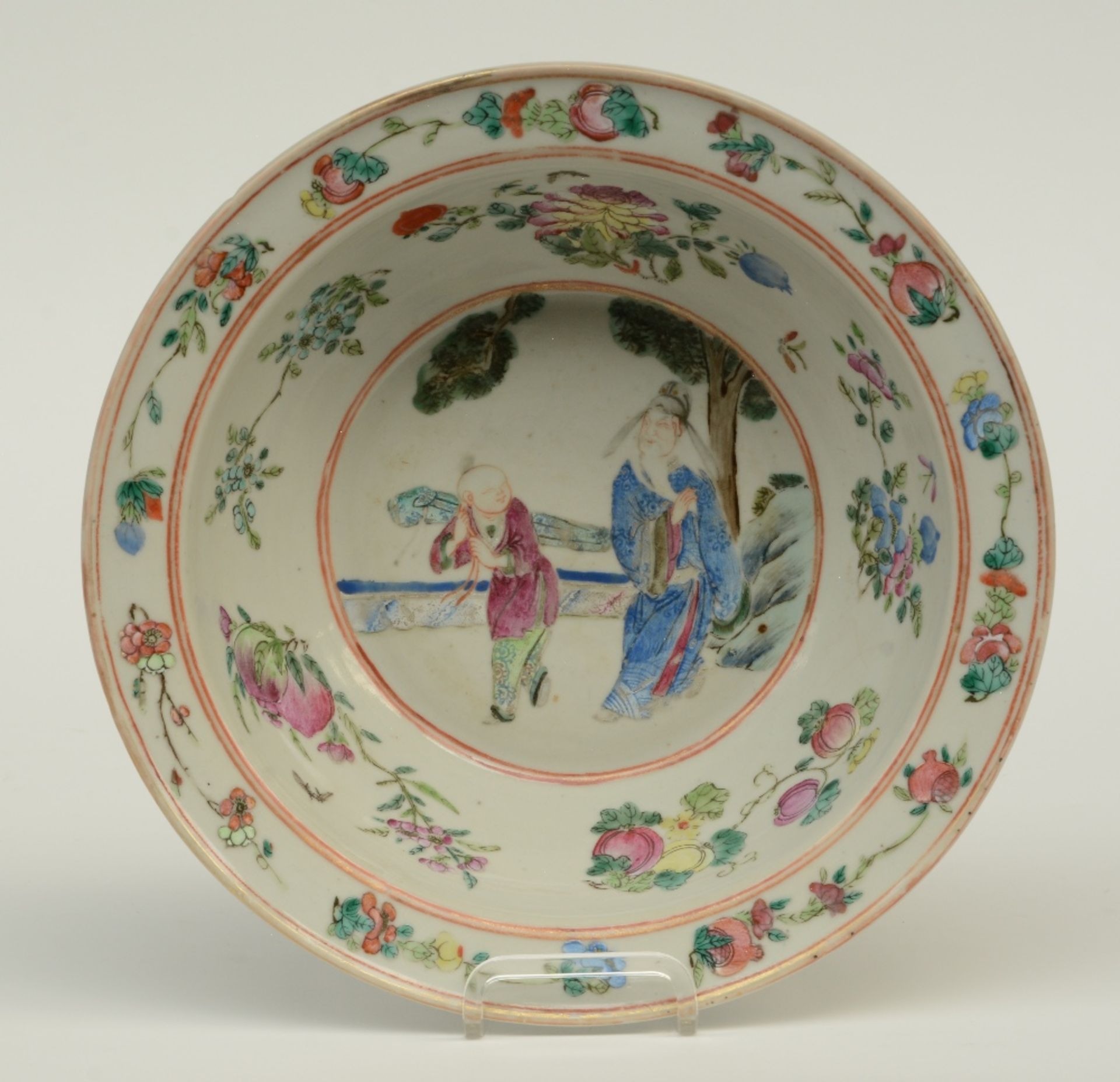 A Chinese bowl, plate and two dishes, famille rose and polychrome decorated, some marked, 19th- - Image 2 of 9