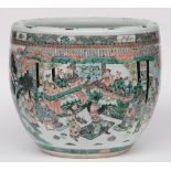 A Chinese famille verte cachepot with an animated scene, 19thC, H 45,5 - Diameter 54,5 cm (crack
