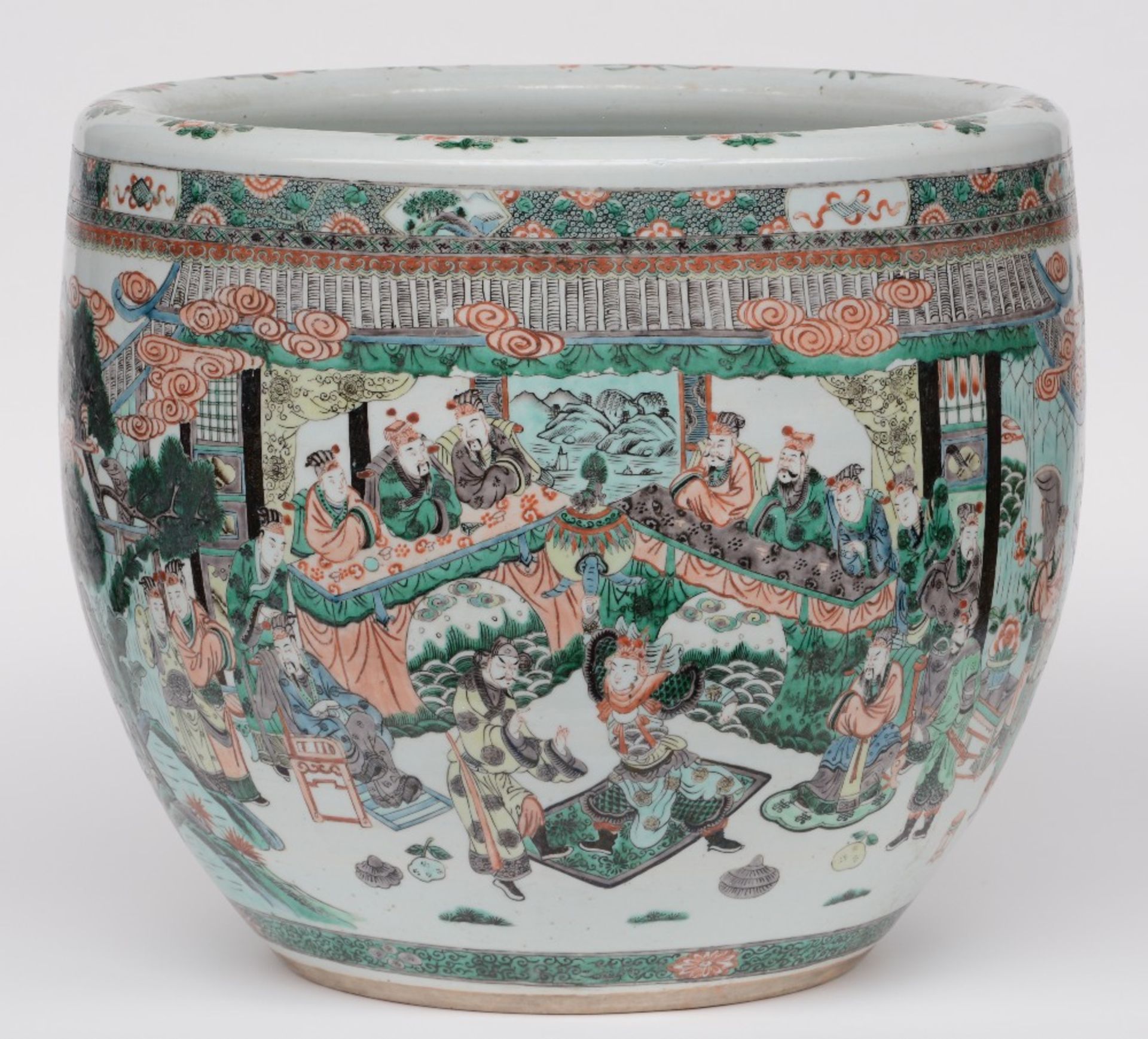 A Chinese famille verte cachepot with an animated scene, 19thC, H 45,5 - Diameter 54,5 cm (crack