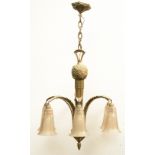 An Art Deco bronze chandelier with moulded glass sconces, floral decorated, H 110 - Diameter 73 cm