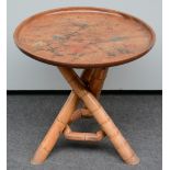 A last quarter of the 19thC occasional table with a bamboo woven tripod an a painted mahogany top, H