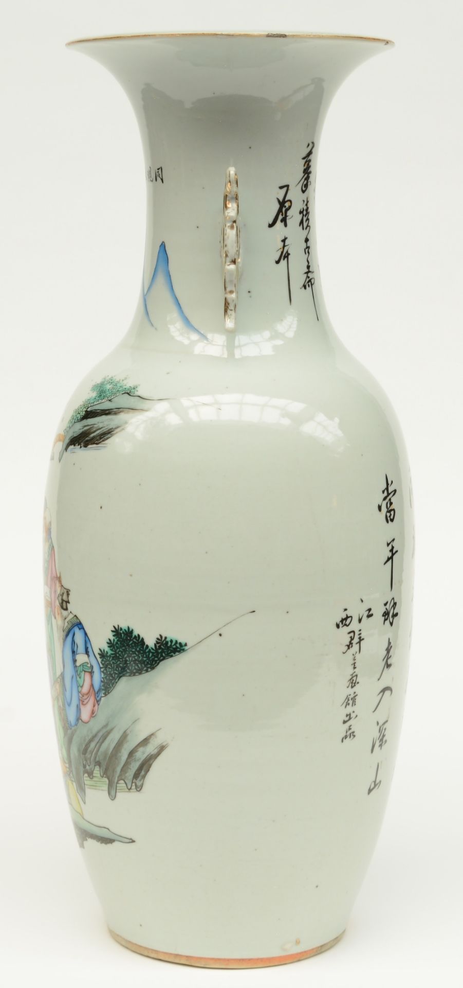 A Chinese polychrome decorated vase depicting scolars in a river landscape, H 58 cm (firing faults - Image 2 of 7