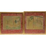 Two Chinese watercolours on textile, depicting animated scenes in a terrace and a pavilion, 29 x