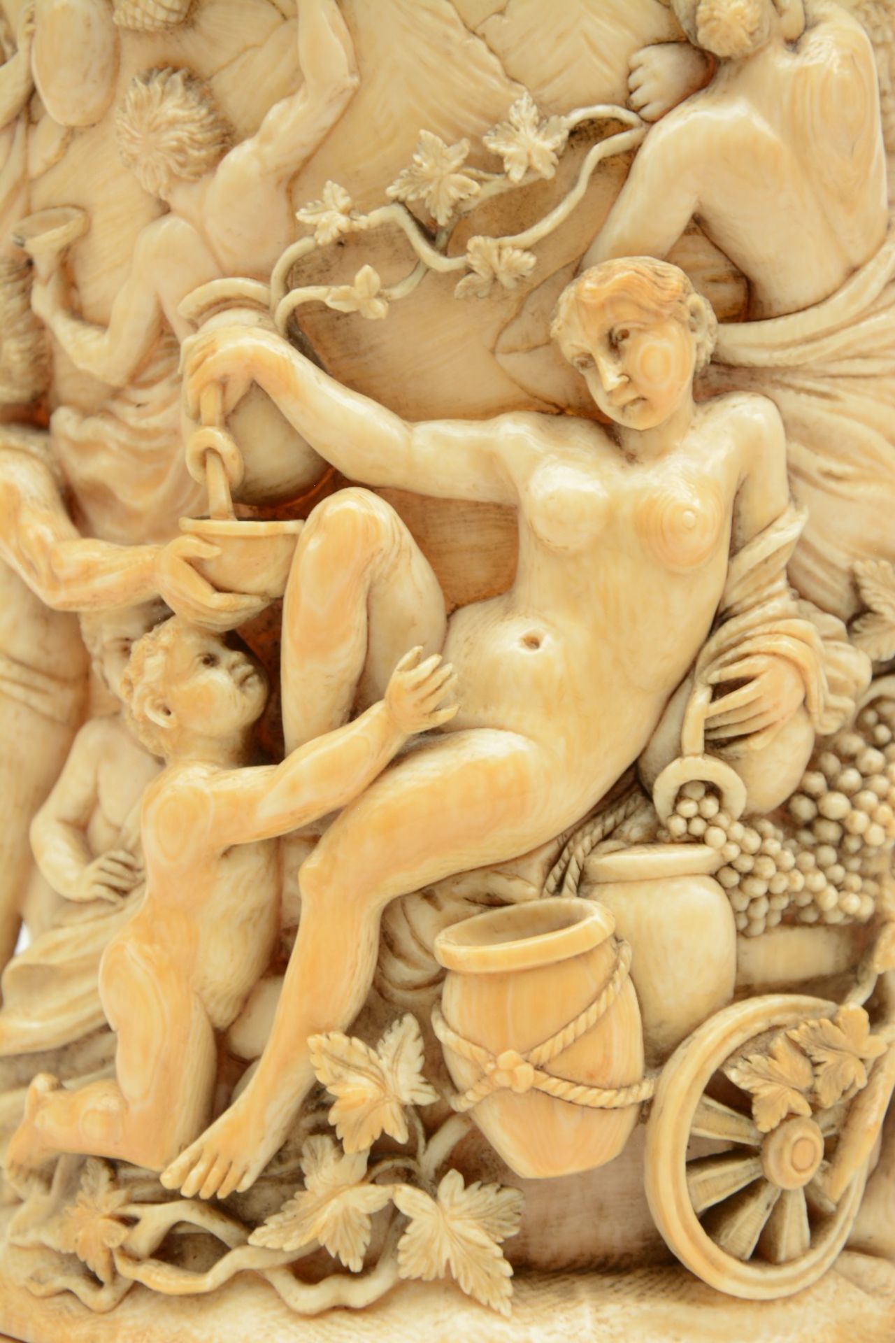 A rare German ivory Humpen, alto relievo sculpted with Bacchus on a chariot preceded by a drunken - Image 14 of 14