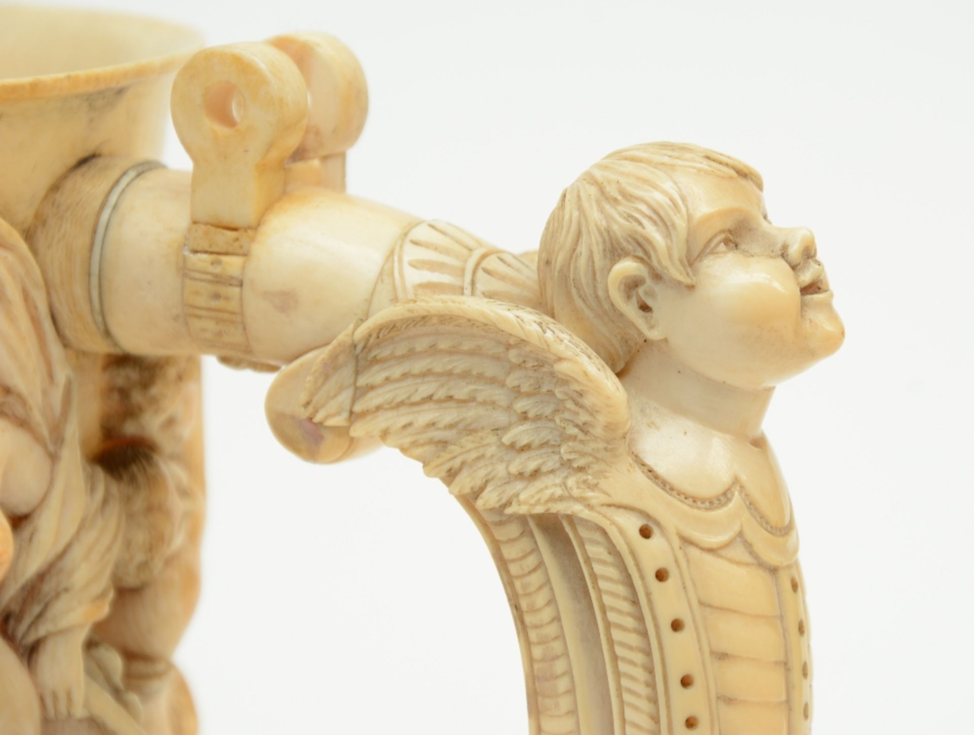 A rare German ivory Humpen, alto relievo sculpted with Bacchus on a chariot preceded by a drunken - Image 13 of 14