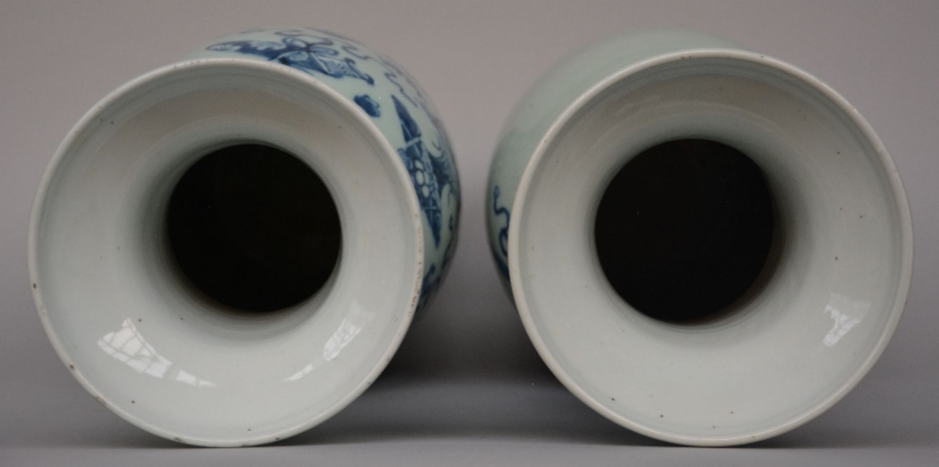 Two Chinese celadon-ground blue and white vases decorated with symbols, H 59,5 - 60 cm (chips on the - Image 5 of 6