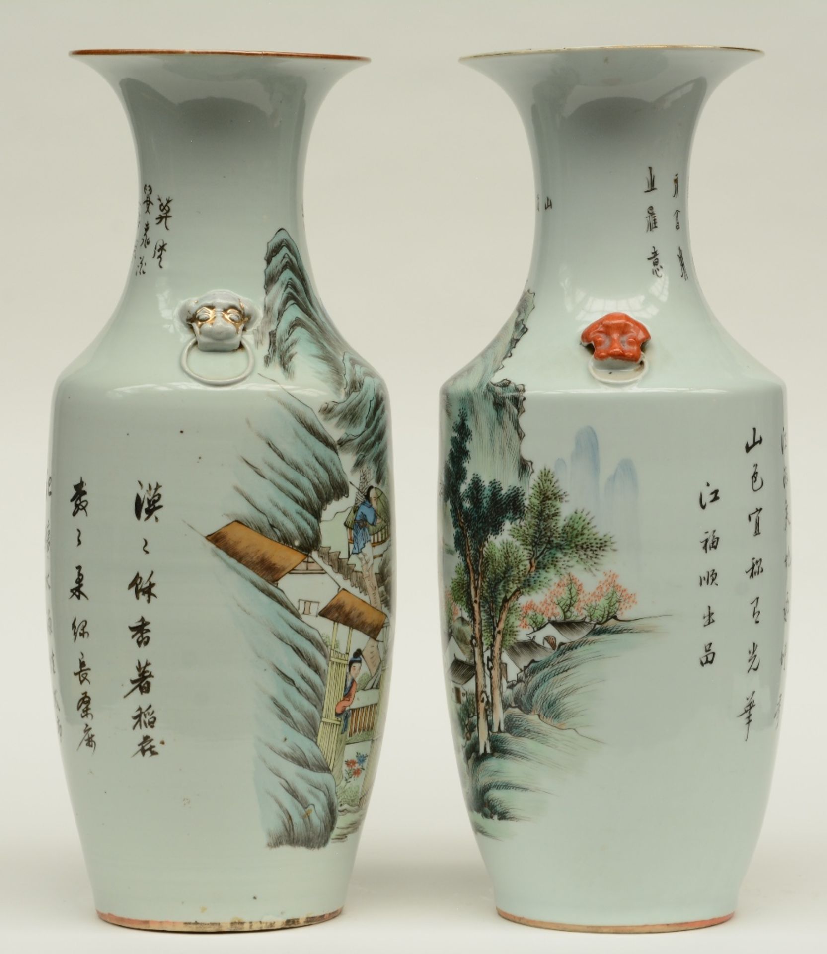 Two Chinese polychrome decorated vases, one with an animated scene and one with a landscape, H 57, - Image 2 of 6