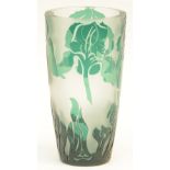 A Val St. Lambert crystal green cameo vase in Art Nouveau style, with the monogram of the artisan