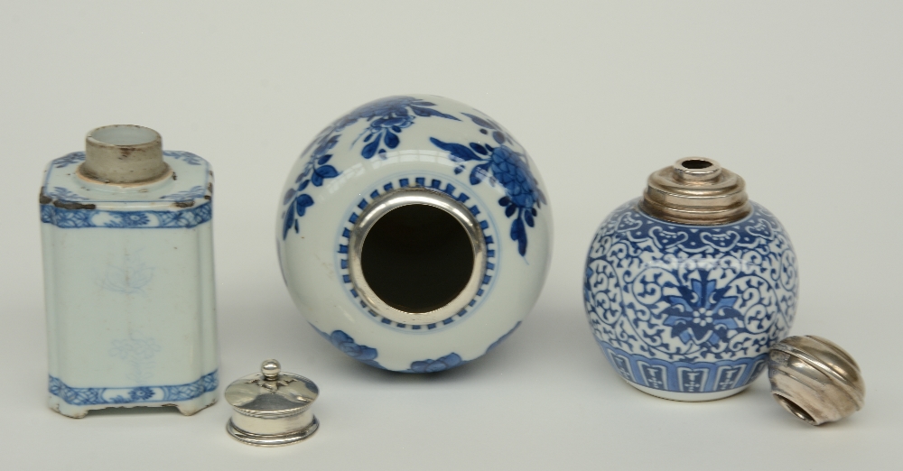 Two Chinese blue and white vases and a tea caddy, floral decorated, with silver mounts, 18th - - Image 10 of 16