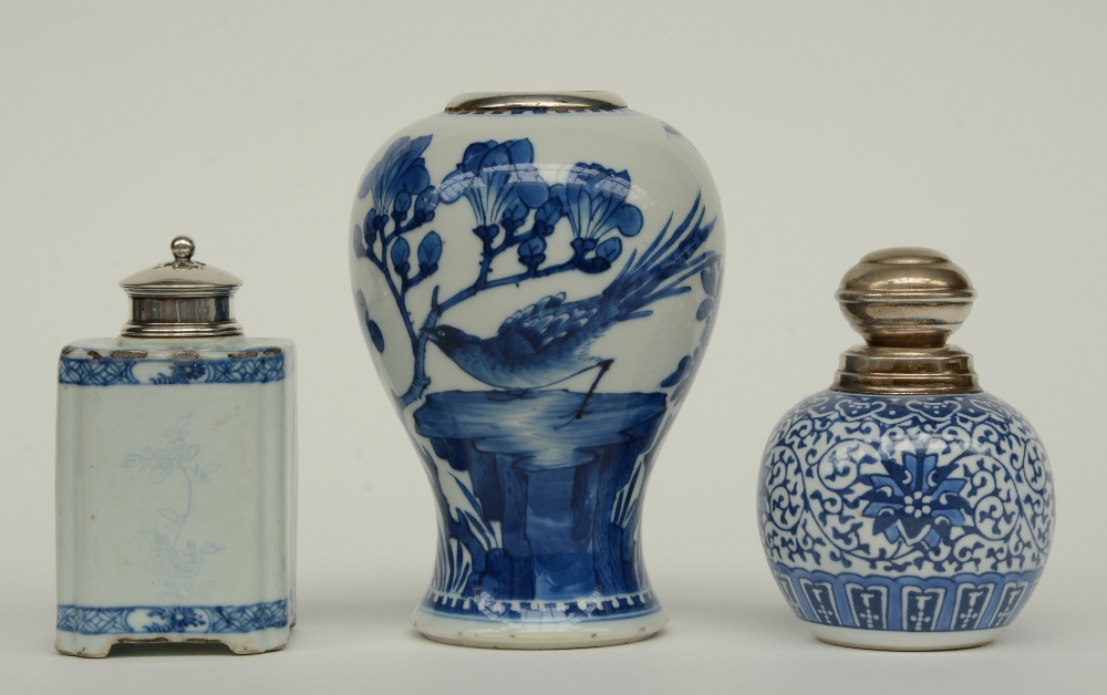 Two Chinese blue and white vases and a tea caddy, floral decorated, with silver mounts, 18th - - Image 6 of 16