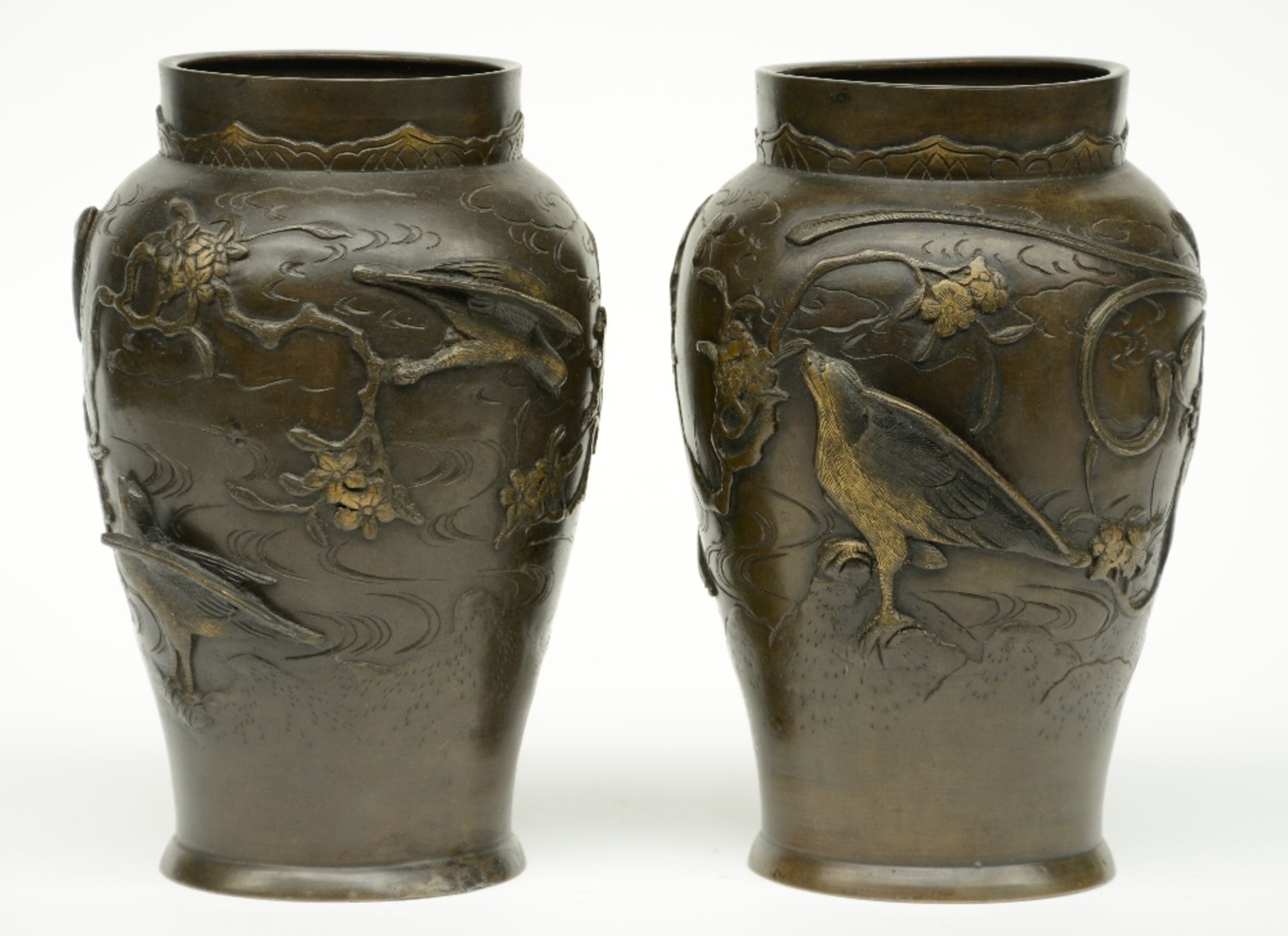 Two pair of Chinese bronze vases, relief moulded with birds on flower branches, marked, H 26 - 36 - Image 10 of 15